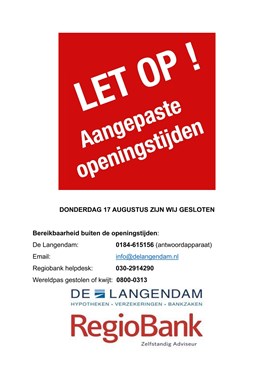 GEWIJZIGDE OPENINGSTIJDEN vakantie1 dag