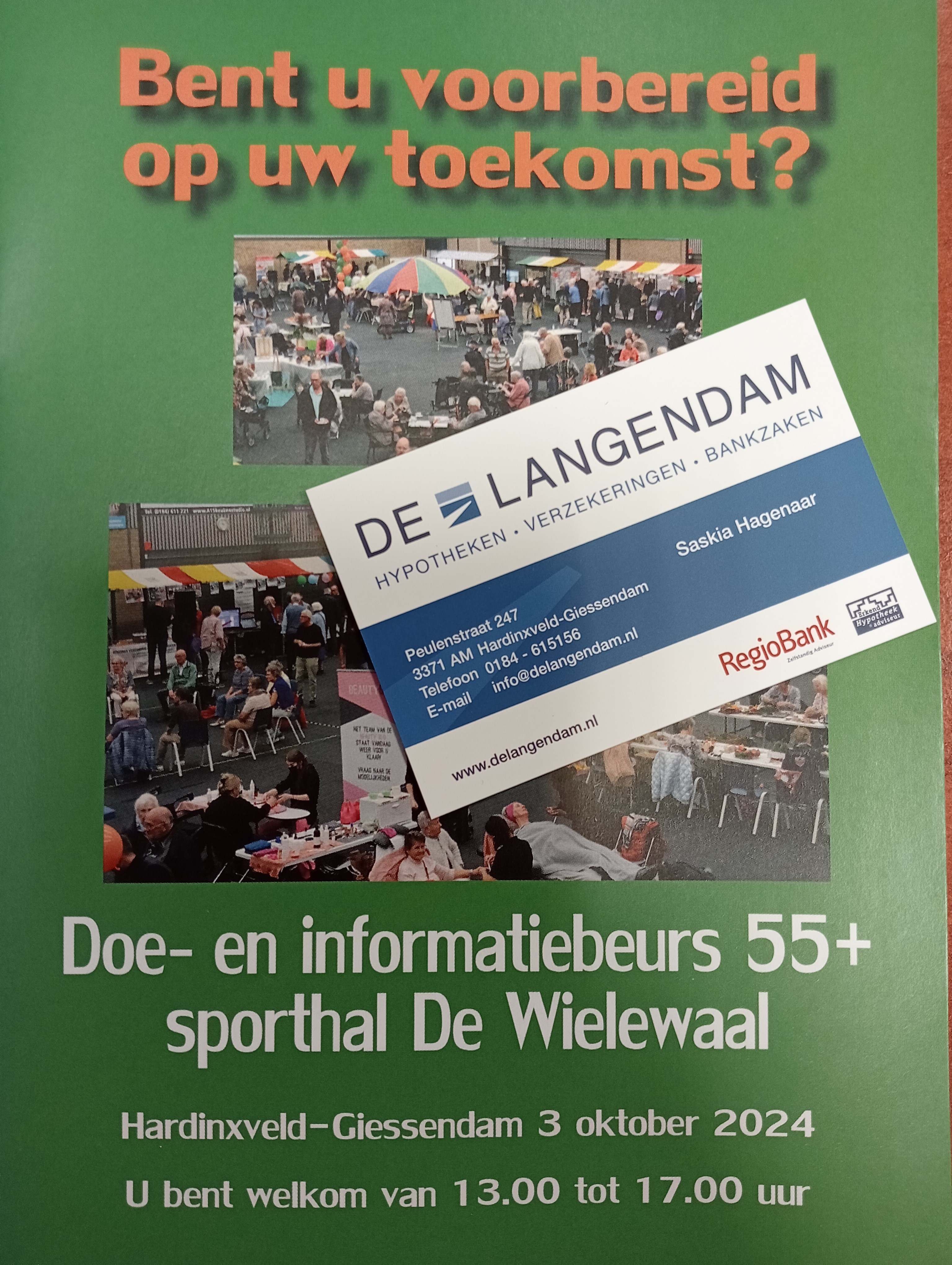 Donderdag 3 oktober zijn wij op de 55+ beurs in De Wielewaal. Wil je meer weten over veilig online bankieren of over andere zaken op het gebied van verzekeringen, hypotheken en bankzaken? Kom dan zeker even bij ons langs!